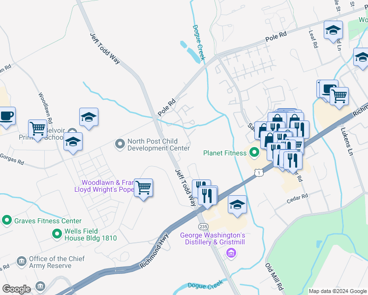 map of restaurants, bars, coffee shops, grocery stores, and more near 8612 Shadwell Drive in Alexandria