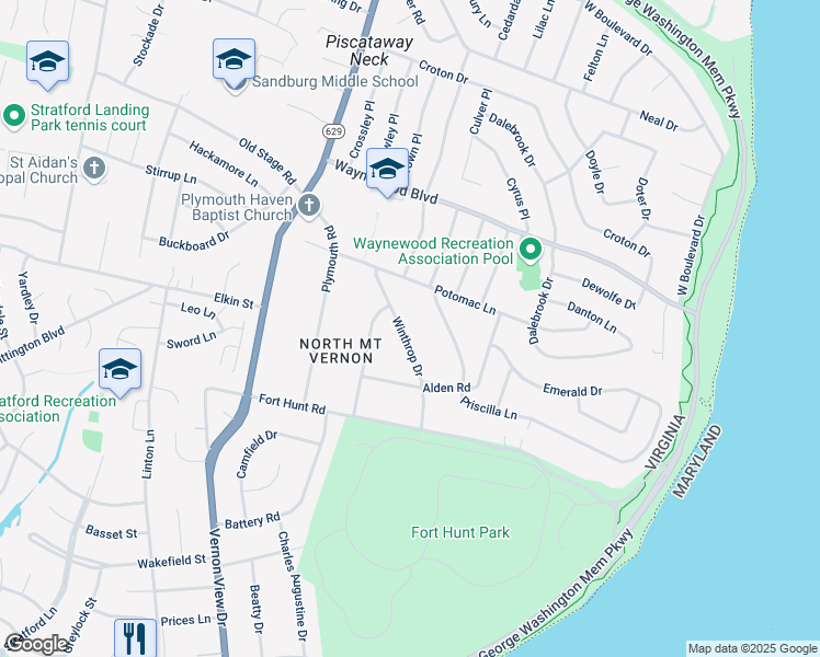 map of restaurants, bars, coffee shops, grocery stores, and more near 8705 Winthrop Drive in Alexandria