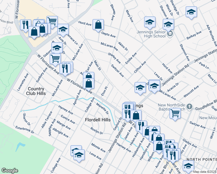 map of restaurants, bars, coffee shops, grocery stores, and more near 8347 Mayfair Place in Jennings