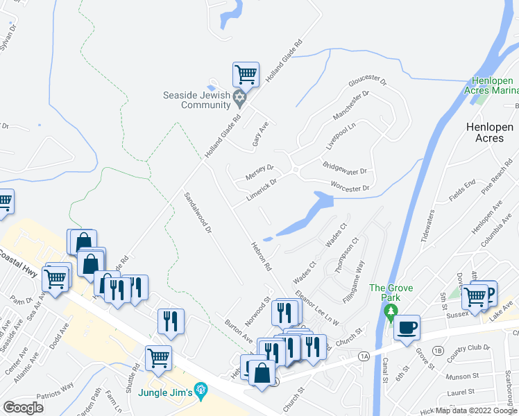 map of restaurants, bars, coffee shops, grocery stores, and more near 37697 Ulster Drive in Rehoboth Beach