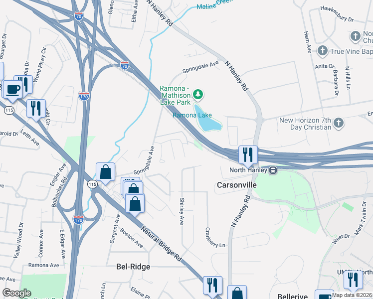 map of restaurants, bars, coffee shops, grocery stores, and more near 4308 Russet Drive in St. Louis