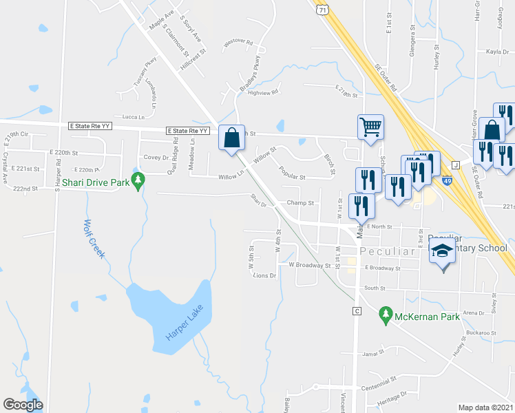 map of restaurants, bars, coffee shops, grocery stores, and more near 106 Shari Drive in Peculiar