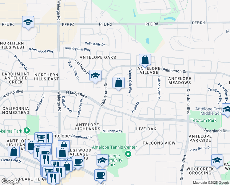 map of restaurants, bars, coffee shops, grocery stores, and more near 8325 Oakenshield Circle in Antelope