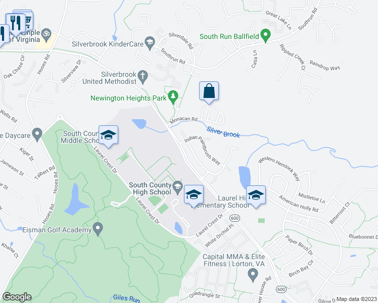 map of restaurants, bars, coffee shops, grocery stores, and more near 8765 Flowering Dogwood Lane in Lorton