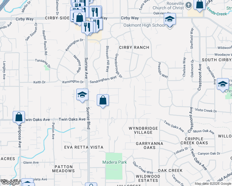 map of restaurants, bars, coffee shops, grocery stores, and more near 1413 New England Drive in Roseville