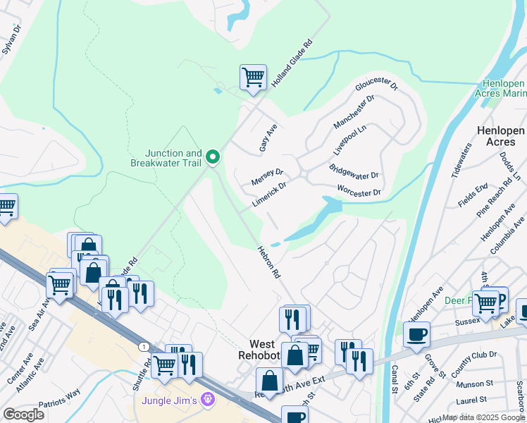 map of restaurants, bars, coffee shops, grocery stores, and more near 37697 Ulster Drive in Rehoboth Beach