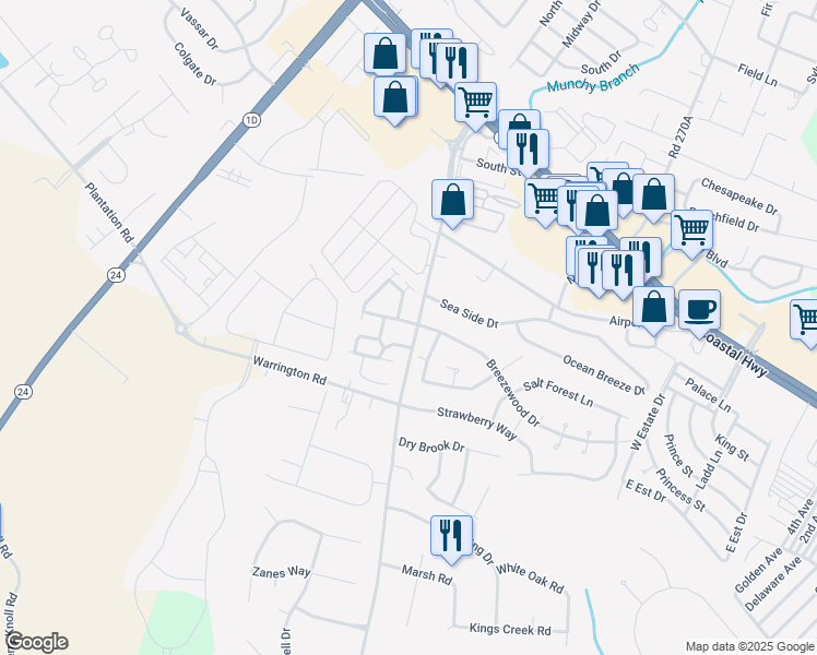 map of restaurants, bars, coffee shops, grocery stores, and more near 1 Caspian Way in Rehoboth Beach