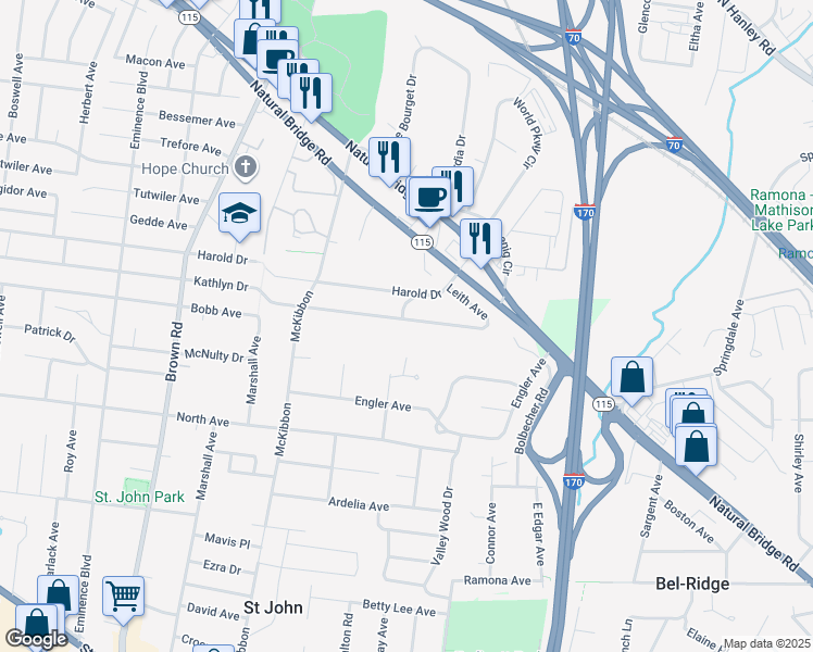 map of restaurants, bars, coffee shops, grocery stores, and more near 3679 Chaney Court in St. Louis