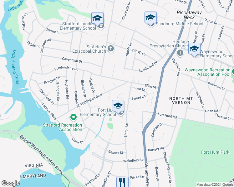 map of restaurants, bars, coffee shops, grocery stores, and more near 2012 Hoover Lane in Alexandria