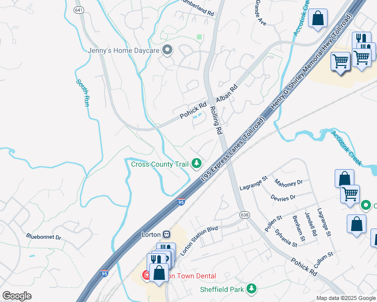 map of restaurants, bars, coffee shops, grocery stores, and more near 8706 Wadebrook Terrace in Springfield