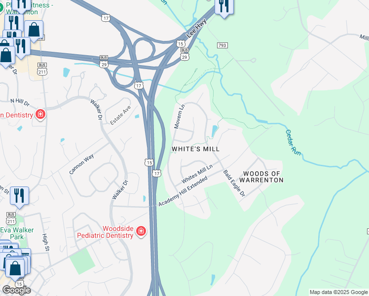 map of restaurants, bars, coffee shops, grocery stores, and more near White's Mill Trail in Warrenton