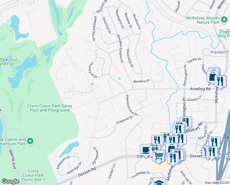 map of restaurants, bars, coffee shops, grocery stores, and more near 12130 Ameling Road in Maryland Heights