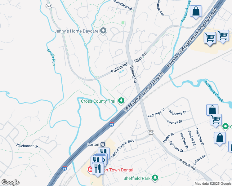 map of restaurants, bars, coffee shops, grocery stores, and more near 8704 Wadebrook Terrace in Springfield