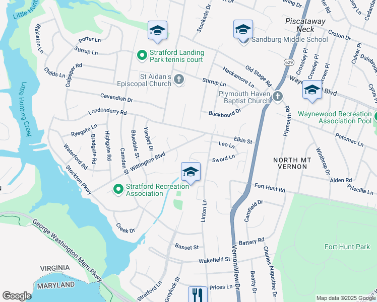 map of restaurants, bars, coffee shops, grocery stores, and more near 2012 Hoover Lane in Alexandria