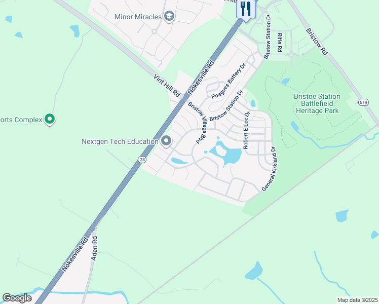 map of restaurants, bars, coffee shops, grocery stores, and more near 12000 Infantry Lane in Bristow