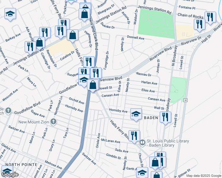 map of restaurants, bars, coffee shops, grocery stores, and more near 1123 Canaan Avenue in St. Louis