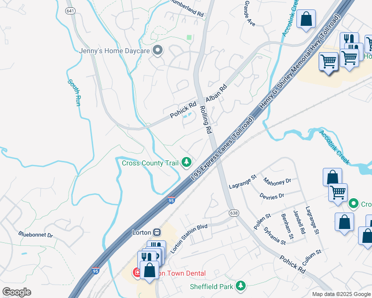 map of restaurants, bars, coffee shops, grocery stores, and more near 8715 Wadebrook Terrace in Springfield