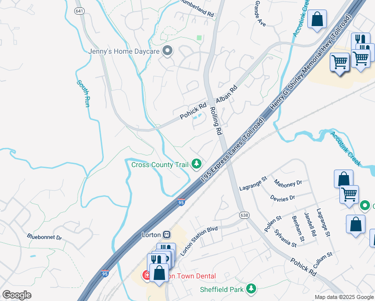 map of restaurants, bars, coffee shops, grocery stores, and more near 8702 Wadebrook Terrace in Springfield