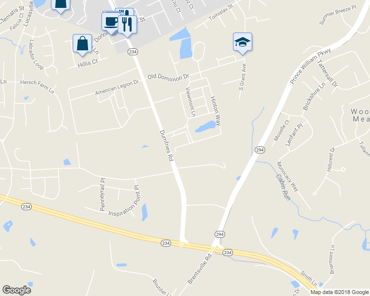 map of restaurants, bars, coffee shops, grocery stores, and more near 10779 Hinton Way in Manassas
