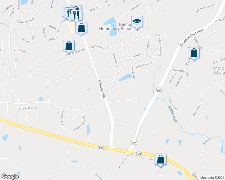 map of restaurants, bars, coffee shops, grocery stores, and more near 10779 Hinton Way in Manassas