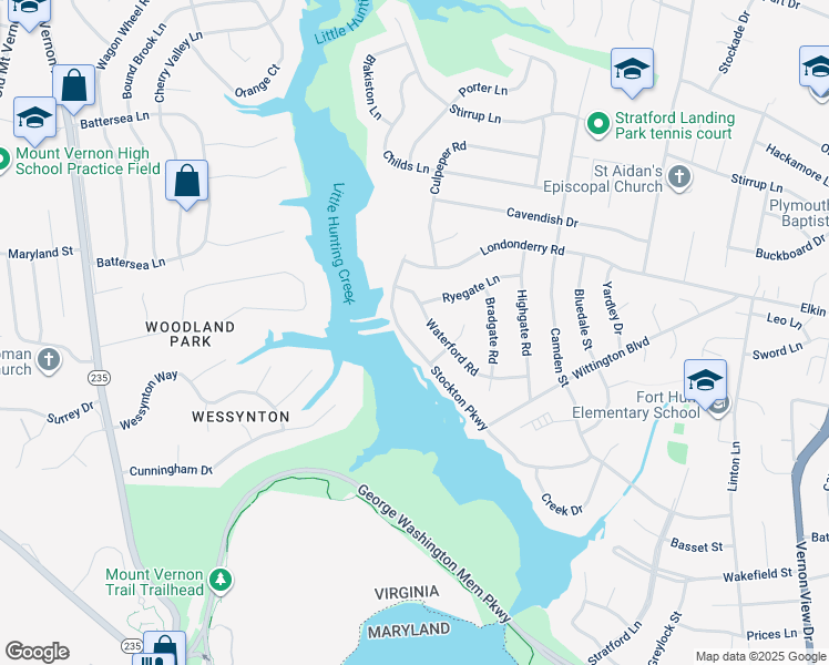 map of restaurants, bars, coffee shops, grocery stores, and more near 8705 Stockton Parkway in Alexandria
