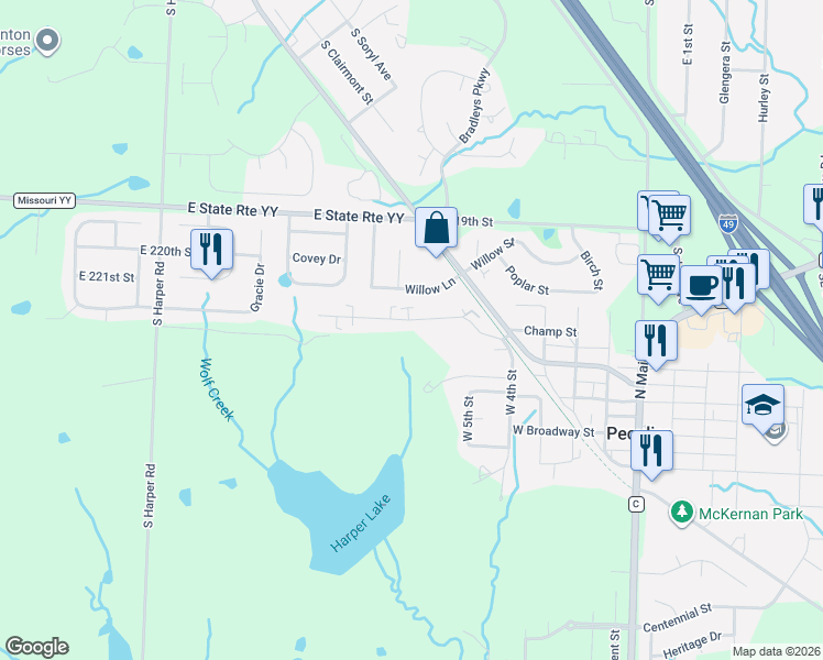 map of restaurants, bars, coffee shops, grocery stores, and more near 206 Shari Drive in Peculiar