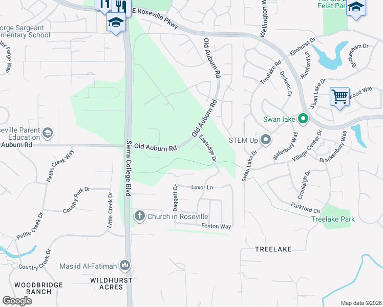 map of restaurants, bars, coffee shops, grocery stores, and more near 571 Daggett Court in Roseville