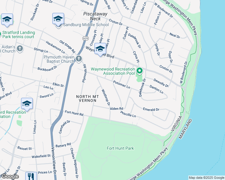 map of restaurants, bars, coffee shops, grocery stores, and more near 1125 Priscilla Lane in Alexandria