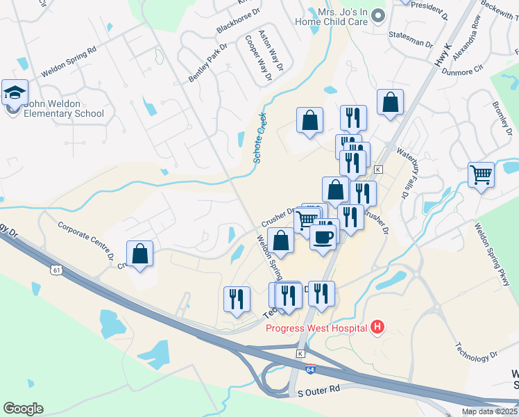 map of restaurants, bars, coffee shops, grocery stores, and more near 200 Southernside Lane in O'Fallon