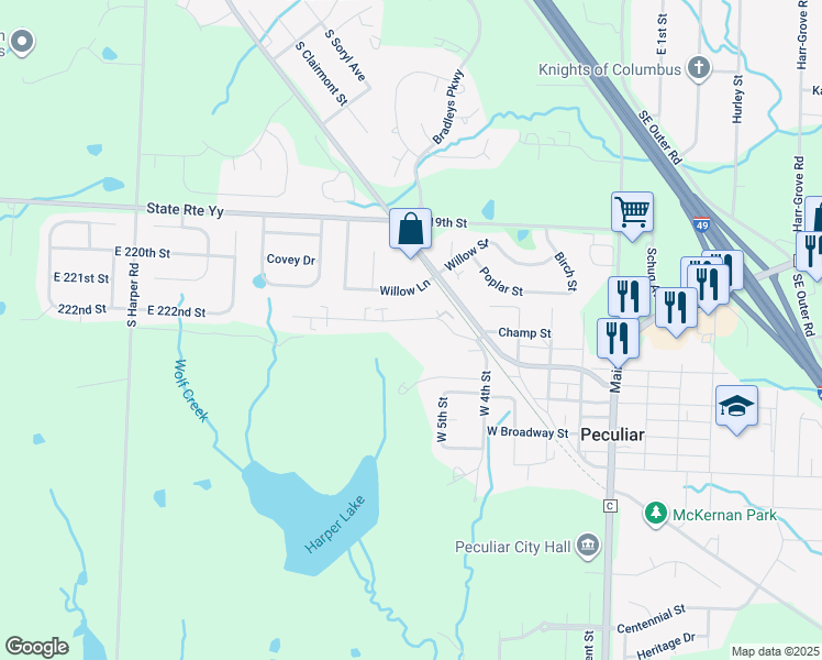 map of restaurants, bars, coffee shops, grocery stores, and more near 206 Shari Drive in Peculiar