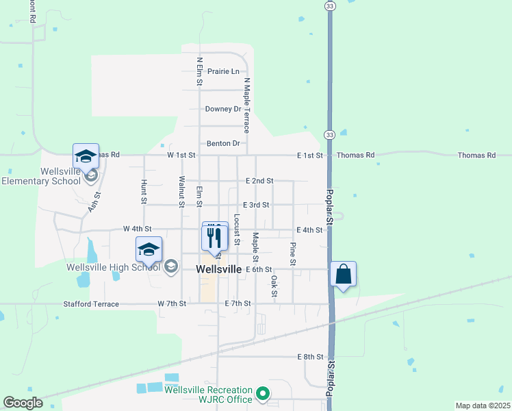 map of restaurants, bars, coffee shops, grocery stores, and more near 305 Maple Street in Wellsville