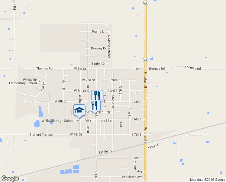 map of restaurants, bars, coffee shops, grocery stores, and more near 305 Maple Street in Wellsville