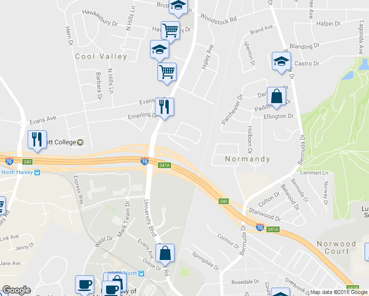 map of restaurants, bars, coffee shops, grocery stores, and more near 100 Signal Hill Drive in St. Louis