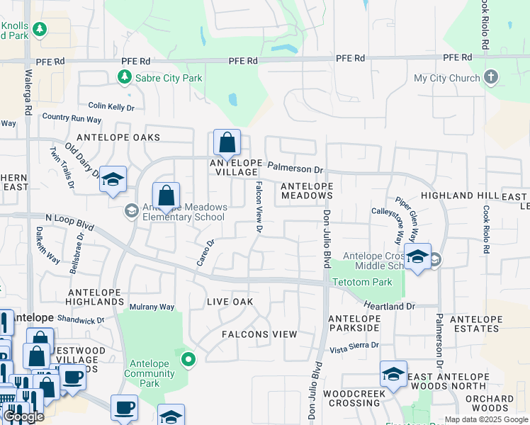 map of restaurants, bars, coffee shops, grocery stores, and more near 4908 Fountainwood Court in Antelope