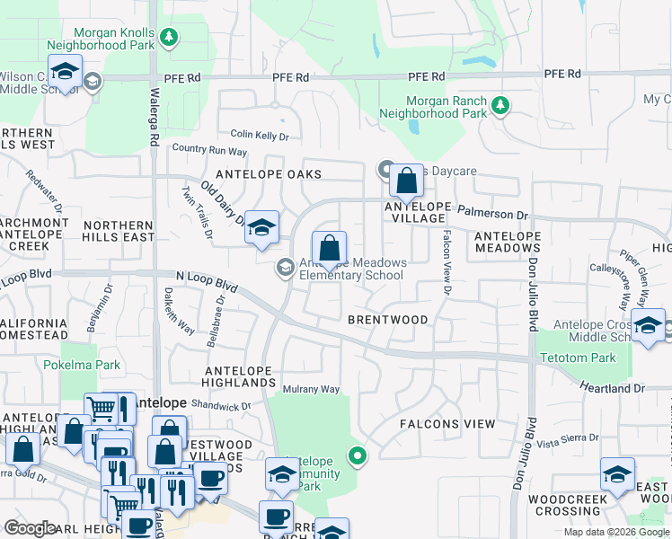 map of restaurants, bars, coffee shops, grocery stores, and more near 8342 Oakenshield Circle in Antelope