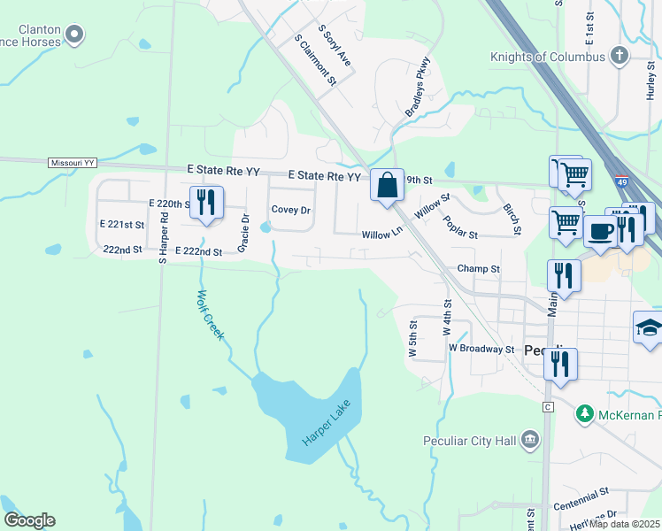 map of restaurants, bars, coffee shops, grocery stores, and more near 220 Shari Drive in Peculiar