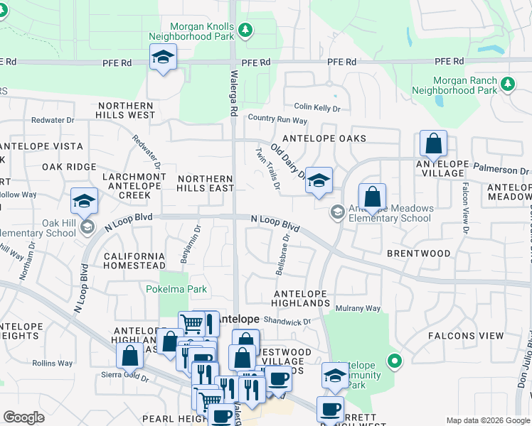 map of restaurants, bars, coffee shops, grocery stores, and more near 8434 Walerga Road in Antelope