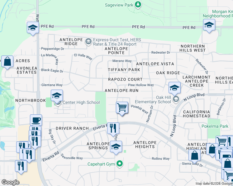 map of restaurants, bars, coffee shops, grocery stores, and more near 3512 Esterbrook Way in Antelope