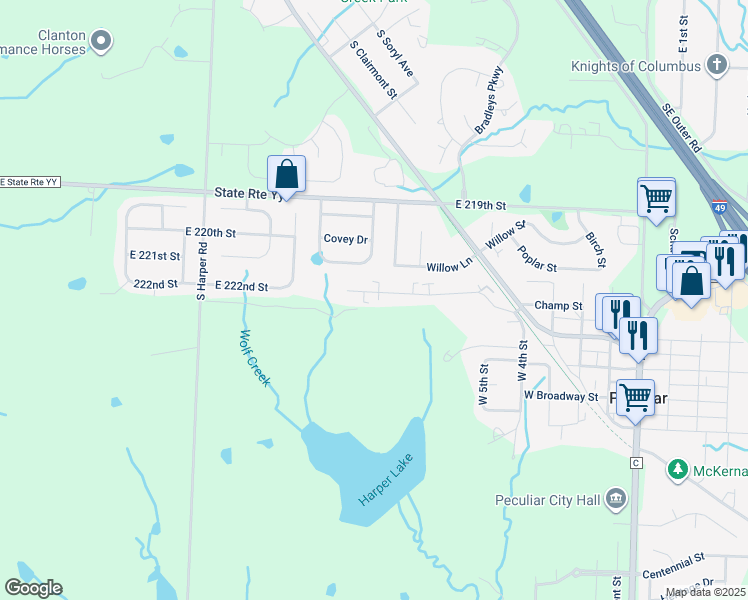 map of restaurants, bars, coffee shops, grocery stores, and more near 220 Shari Drive in Peculiar