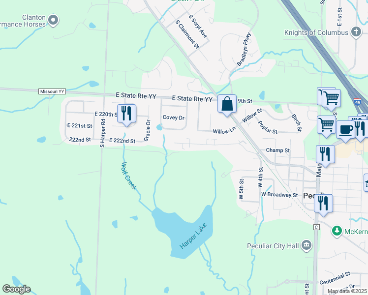 map of restaurants, bars, coffee shops, grocery stores, and more near 220 Shari Drive in Peculiar