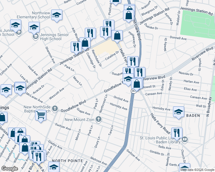 map of restaurants, bars, coffee shops, grocery stores, and more near in St. Louis