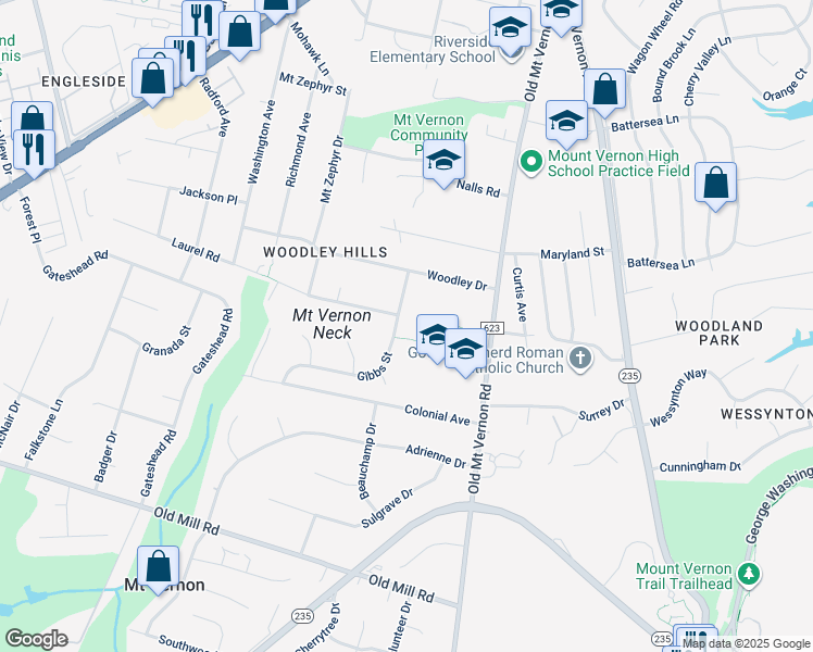 map of restaurants, bars, coffee shops, grocery stores, and more near 3811 Laurel Road in Alexandria