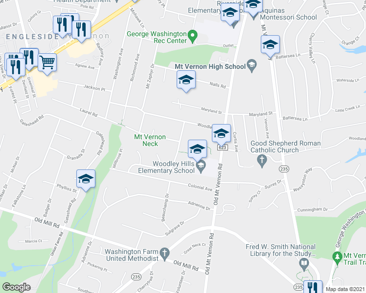 map of restaurants, bars, coffee shops, grocery stores, and more near 3811 Laurel Road in Alexandria