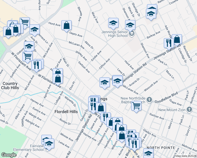map of restaurants, bars, coffee shops, grocery stores, and more near 8519 Octavia Avenue in Jennings