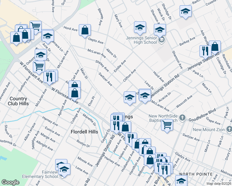 map of restaurants, bars, coffee shops, grocery stores, and more near 8519 Octavia Avenue in Jennings