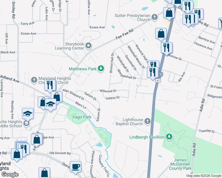 map of restaurants, bars, coffee shops, grocery stores, and more near 3198 Bristol Hall Drive in Maryland Heights