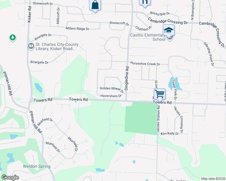 map of restaurants, bars, coffee shops, grocery stores, and more near 2 Golden Wheat Court in Saint Charles