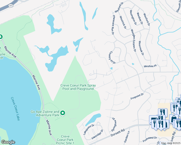 map of restaurants, bars, coffee shops, grocery stores, and more near 12998 Kings Canyon Drive in Maryland Heights