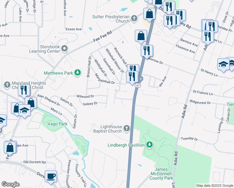map of restaurants, bars, coffee shops, grocery stores, and more near 11346 Brierhall Circle in Maryland Heights