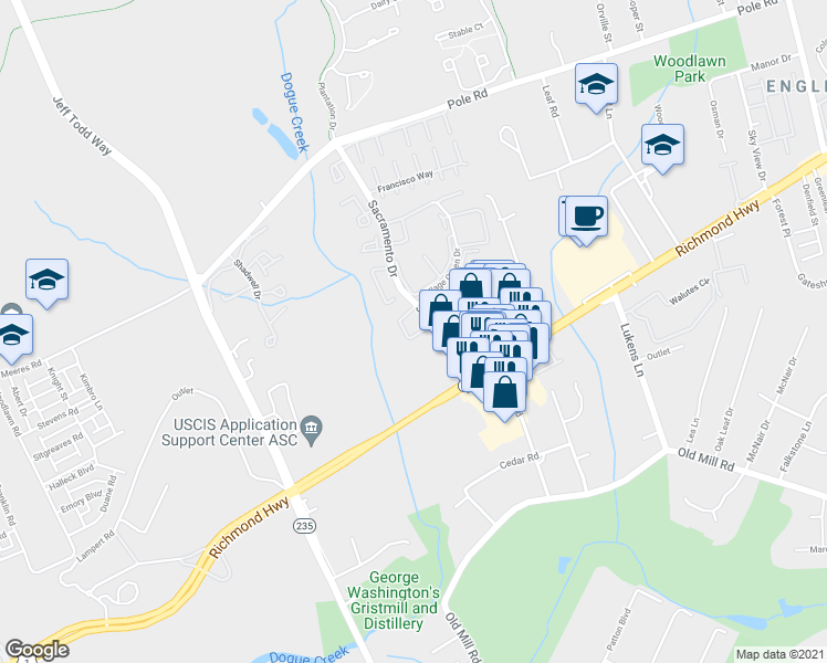 map of restaurants, bars, coffee shops, grocery stores, and more near 8740 Village Green Court in Alexandria